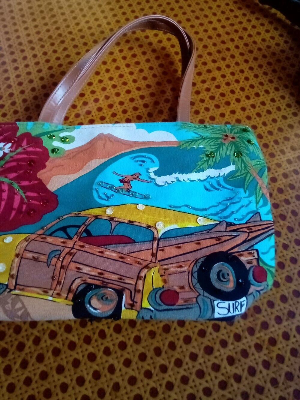 Surfer Woodie car Handbag Aloha Hawaii Tote Purse clasp palm trees flowers beach